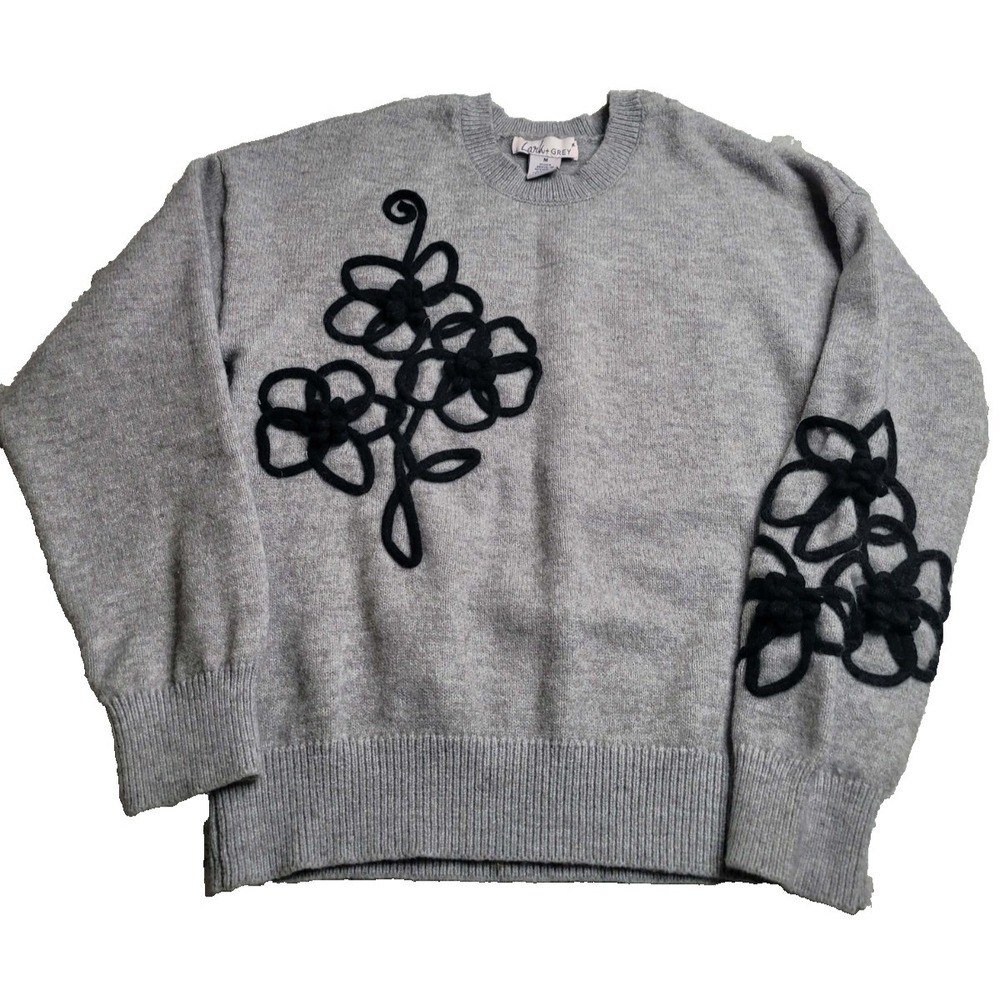 Lark & Grey Floral Embellished Sweater Women's Gray Medium Classic‎ Preppy